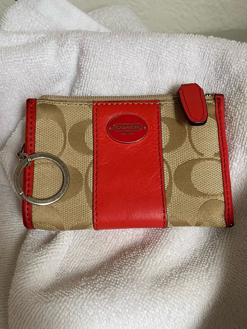 Coach Beige Canvas Key & Card Pouch with Red Trim